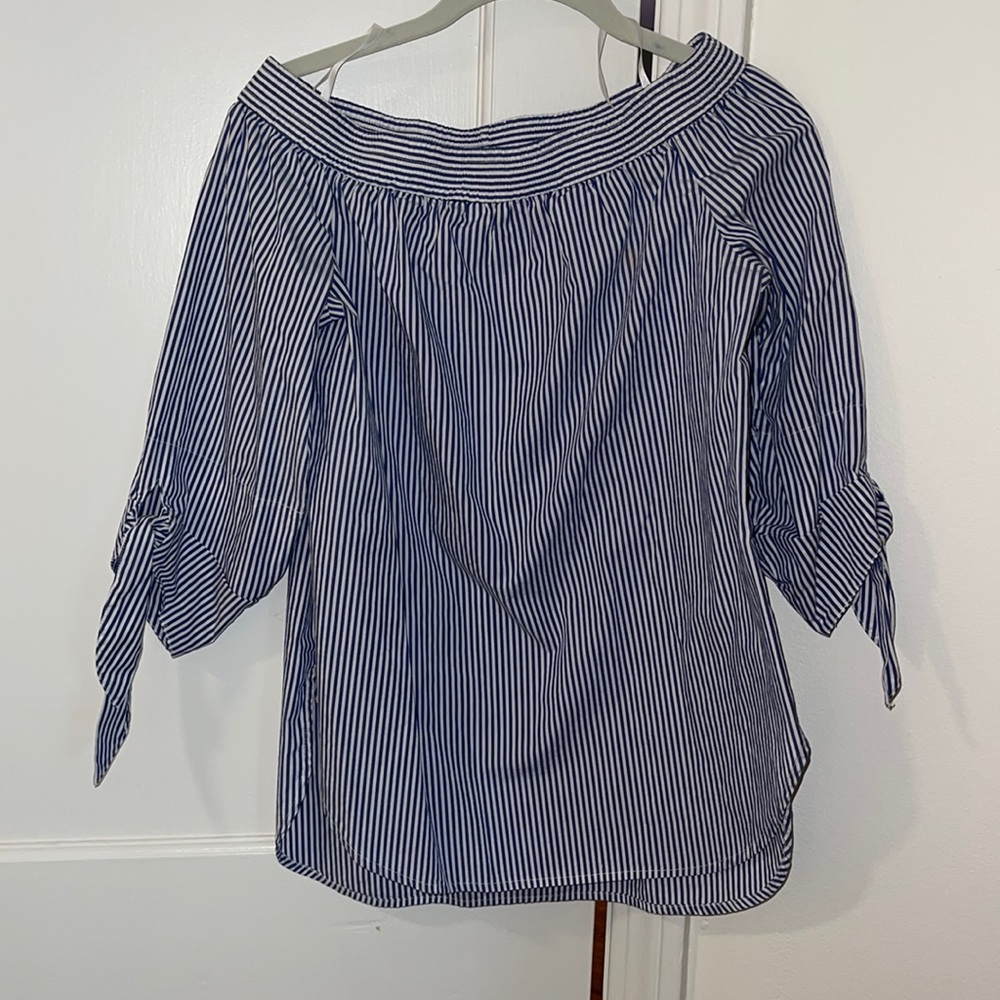 Finley blue stripe off the shoulder smocked with tie sleeves size XS